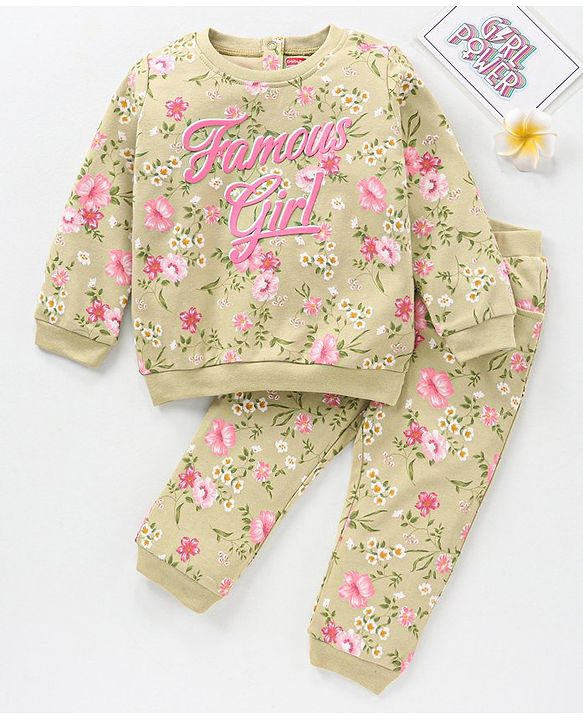Babyhug Cotton Knit Full Sleeves Top and Lounge Pant Floral Print - Grey