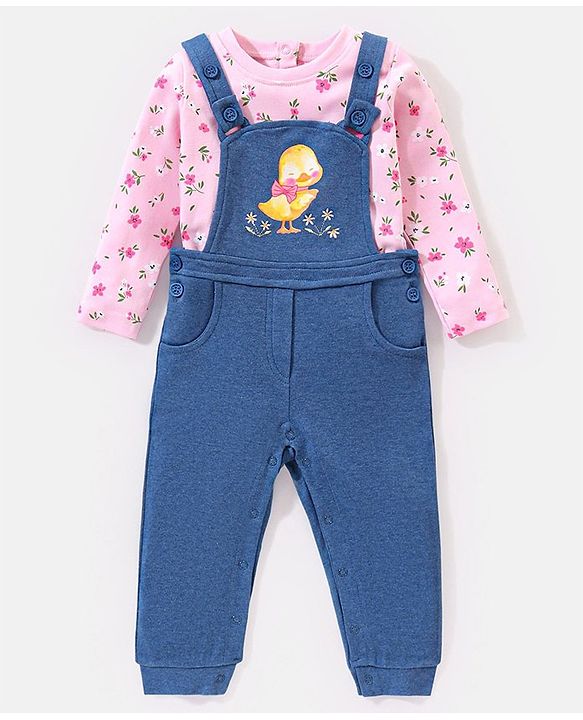 Babyhug 100% Cotton Full Sleeves T-Shirt With Dungaree Floral Print - Pink & Indigo