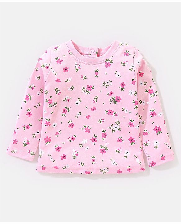 Babyhug 100% Cotton Full Sleeves T-Shirt With Dungaree Floral Print - Pink & Indigo