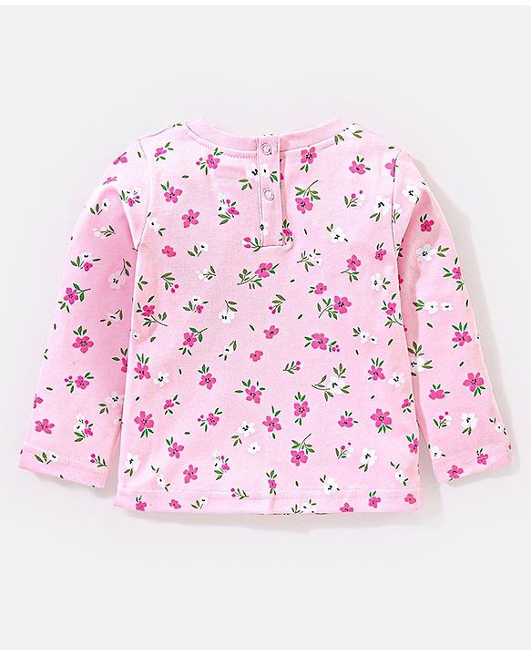 Babyhug 100% Cotton Full Sleeves T-Shirt With Dungaree Floral Print - Pink & Indigo