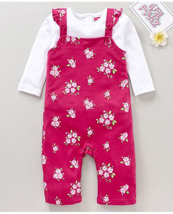 Babyhug Cotton Full Sleeves Solid Tee & Dungaree Set Floral Print - White