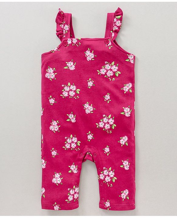 Babyhug Cotton Full Sleeves Solid Tee & Dungaree Set Floral Print - White