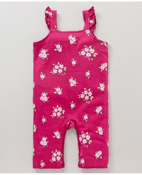 Babyhug Cotton Full Sleeves Solid Tee & Dungaree Set Floral Print - White
