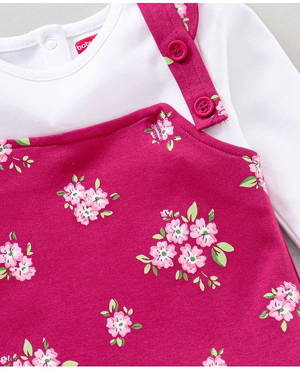 Babyhug Cotton Full Sleeves Solid Tee & Dungaree Set Floral Print - White