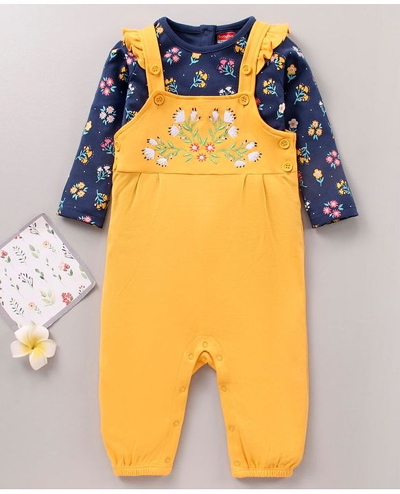 Babyhug 100'% Cotton Full Sleeves Dungaree Style Romper With Inner Tee Floral Print - Blue Yellow