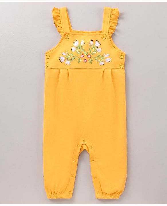 Babyhug 100'% Cotton Full Sleeves Dungaree Style Romper With Inner Tee Floral Print - Blue Yellow