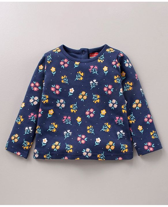 Babyhug 100'% Cotton Full Sleeves Dungaree Style Romper With Inner Tee Floral Print - Blue Yellow