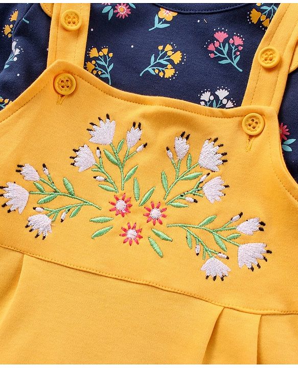 Babyhug 100'% Cotton Full Sleeves Dungaree Style Romper With Inner Tee Floral Print - Blue Yellow