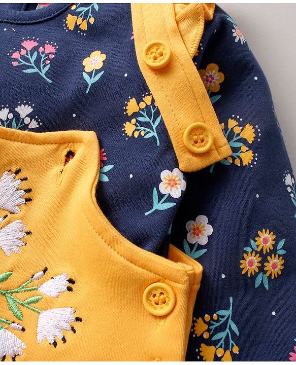Babyhug 100'% Cotton Full Sleeves Dungaree Style Romper With Inner Tee Floral Print - Blue Yellow