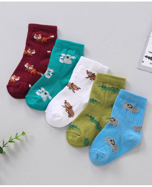 Cute Walk by Babyhug Anti Bacterial Ankle Length Non Terry Socks Animal Print Pack of 5 Pair - Multicolour