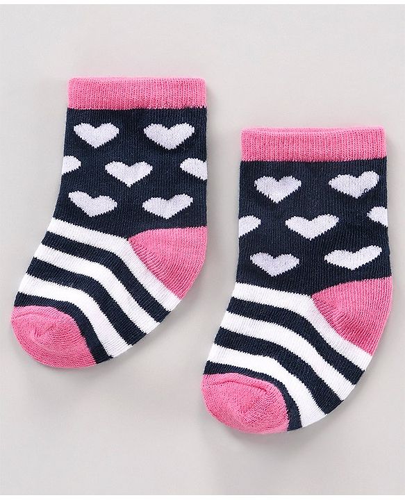 Cute Walk by Babyhug Anti Bacterial Ankle Length Striped Socks Heart Design Pack of 3 - Multicolor
