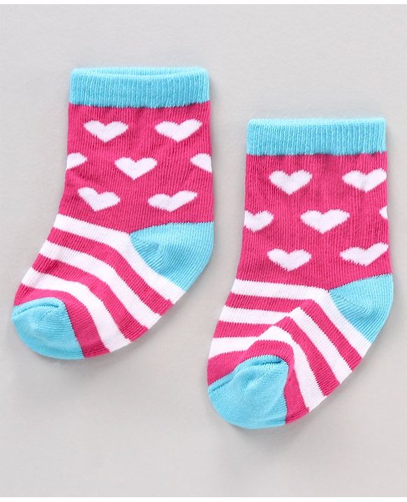 Cute Walk by Babyhug Anti Bacterial Ankle Length Striped Socks Heart Design Pack of 3 - Multicolor