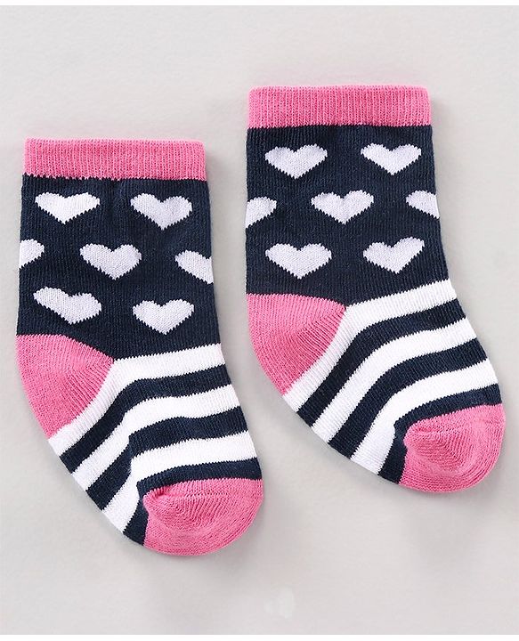 Cute Walk by Babyhug Anti Bacterial Ankle Length Striped Socks Heart Design Pack of 3 - Multicolor