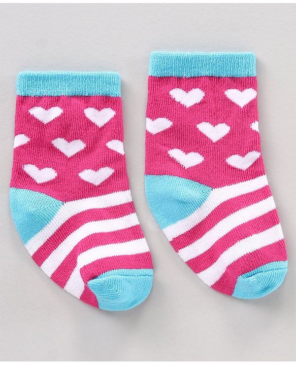 Cute Walk by Babyhug Anti Bacterial Ankle Length Striped Socks Heart Design Pack of 3 - Multicolor