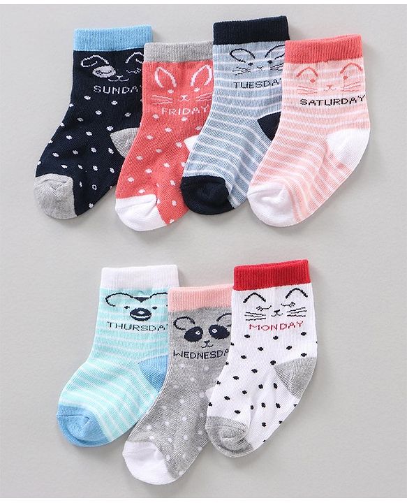 Cute Walk by Babyhug Ankle Length Antibacterial Socks Striped & Dot Prints Pack Of 7 - Multicolor