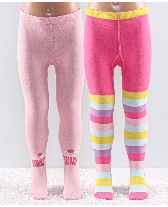 Cutewalk by Babyhug Anti Bacterial Footed Tights Striped Pack Of 2 - Pink