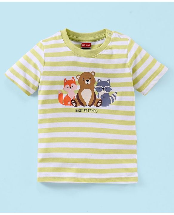 Babyhug Cotton Jersey Half Sleeves Striped T-Shirt Bear Print - White & Light Green