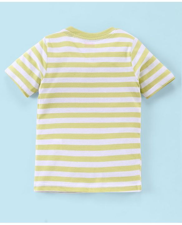 Babyhug Cotton Jersey Half Sleeves Striped T-Shirt Bear Print - White & Light Green