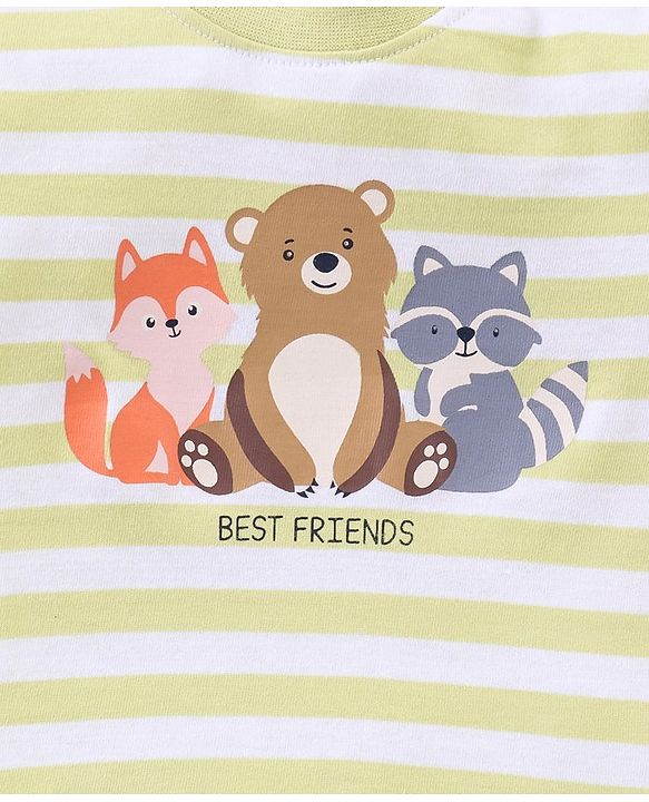 Babyhug Cotton Jersey Half Sleeves Striped T-Shirt Bear Print - White & Light Green