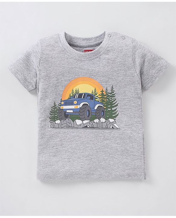Babyhug Cotton Jersey Half Sleeves T-Shirt Car Printed - Grey Melange