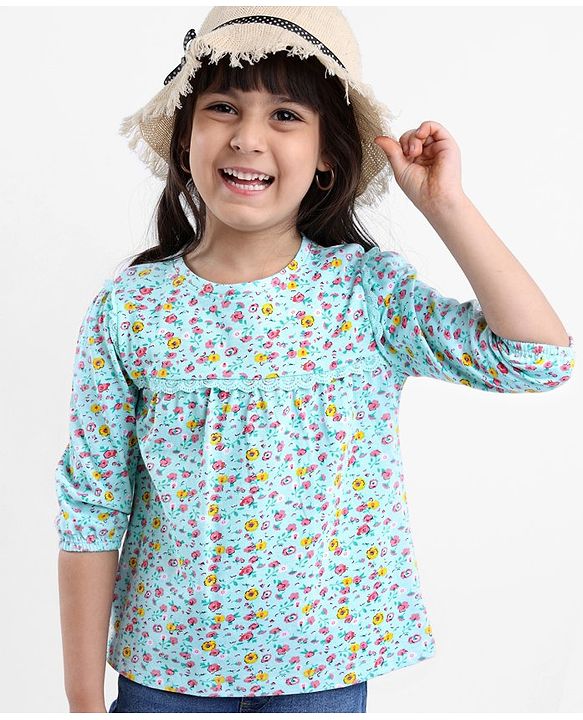 Babyhug Three Forth Sleeves Floral Print With Lace Detail Tee - Light Blue