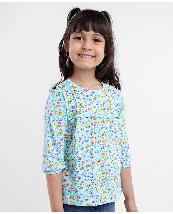Babyhug Three Forth Sleeves Floral Print With Lace Detail Tee - Light Blue