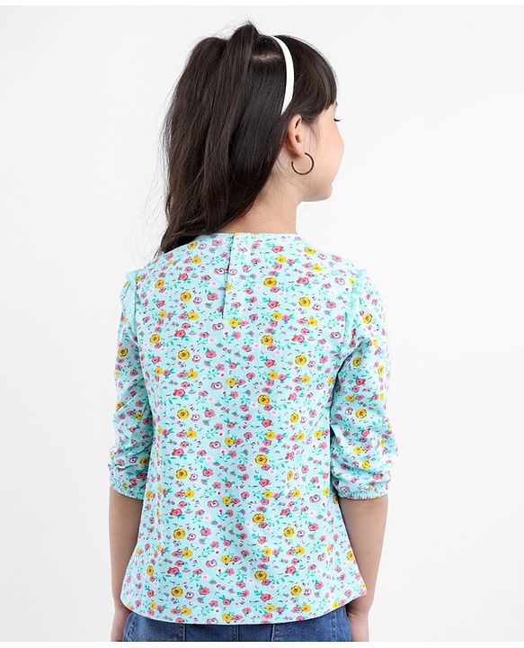 Babyhug Three Forth Sleeves Floral Print With Lace Detail Tee - Light Blue