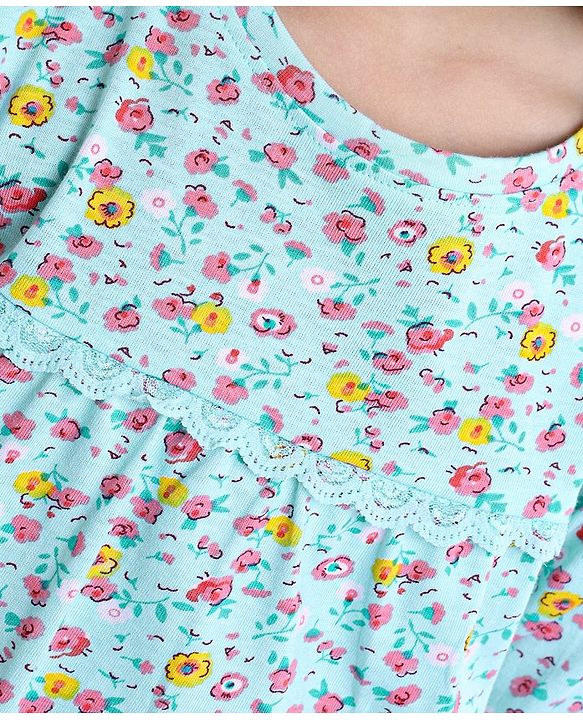 Babyhug Three Forth Sleeves Floral Print With Lace Detail Tee - Light Blue
