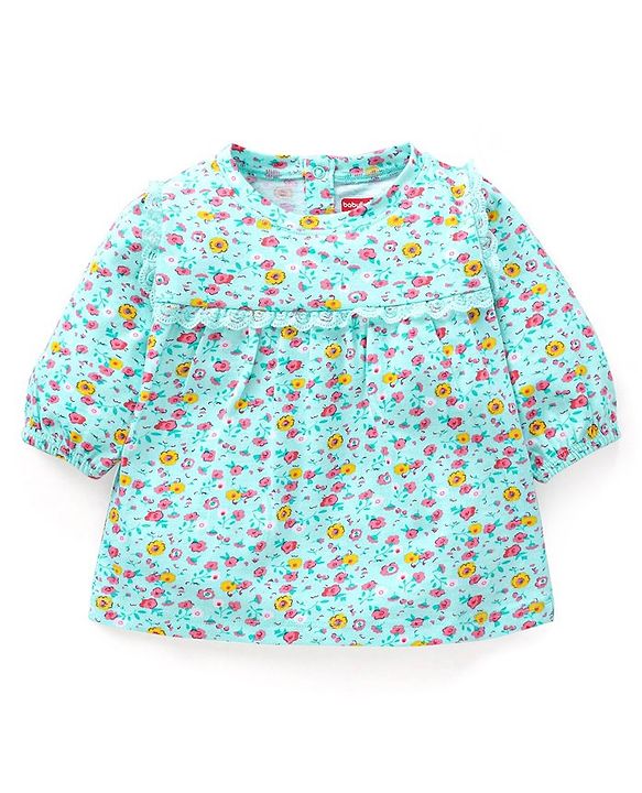 Babyhug Three Forth Sleeves Floral Print With Lace Detail Tee - Light Blue