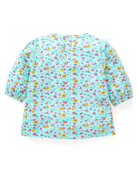Babyhug Three Forth Sleeves Floral Print With Lace Detail Tee - Light Blue