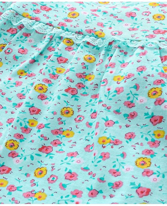 Babyhug Three Forth Sleeves Floral Print With Lace Detail Tee - Light Blue