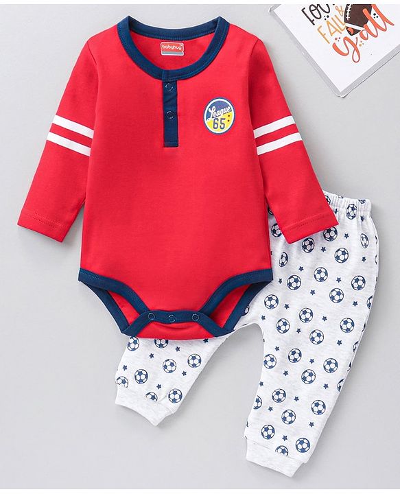 Babyhug Cotton Knit Full Sleeves Striped Onesie With Soccer Printed Leggings - Red