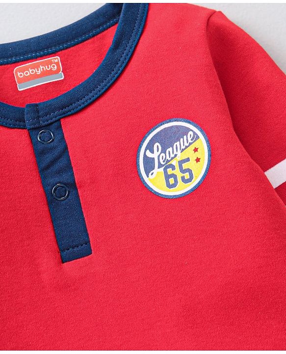 Babyhug Cotton Knit Full Sleeves Striped Onesie With Soccer Printed Leggings - Red