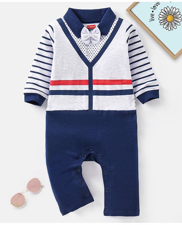 Babyhug Cotton Full Sleeves Romper With Bow Stripes & Dot Print- Navy Blue