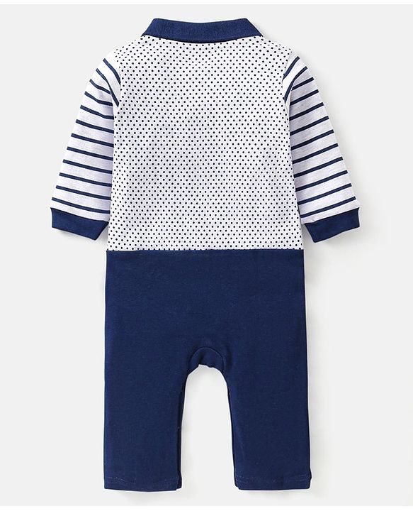 Babyhug Cotton Full Sleeves Romper With Bow Stripes & Dot Print- Navy Blue
