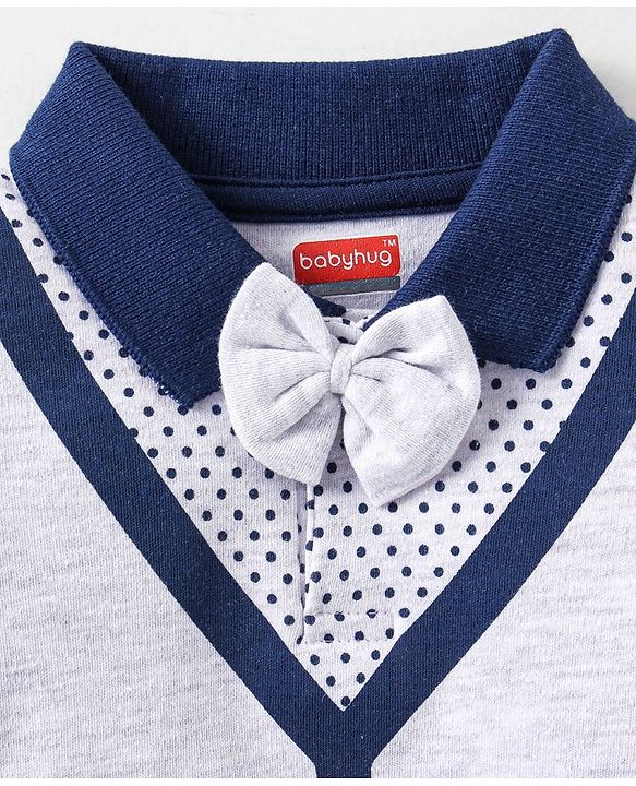 Babyhug Cotton Full Sleeves Romper With Bow Stripes & Dot Print- Navy Blue