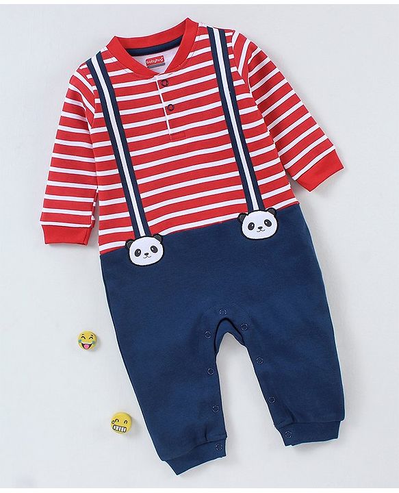 Babyhug Cotton Full Sleeves Striped Romper With Panda Patch- Red