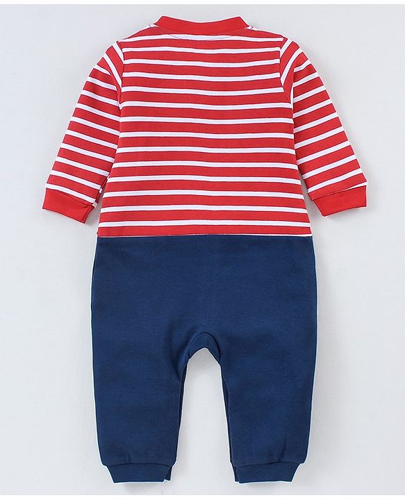 Babyhug Cotton Full Sleeves Striped Romper With Panda Patch- Red