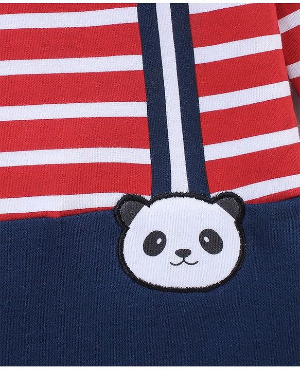 Babyhug Cotton Full Sleeves Striped Romper With Panda Patch- Red