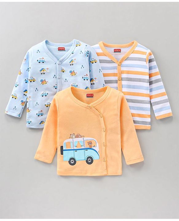 Babyhug 100% Cotton Knit Full Sleeves Vests Pack of 3 Stripes & Buses Print - Orange Blue