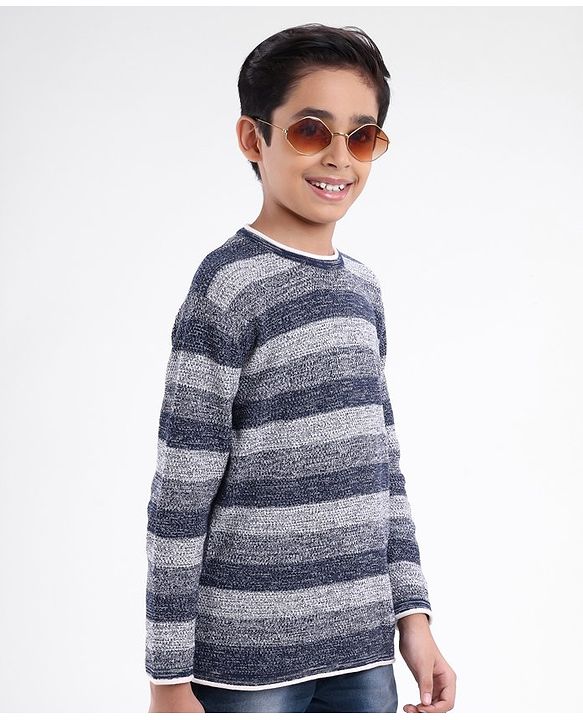 Pine Kids Full Sleeves Moderate Winter Sweater Textured Structure Strip - Grey