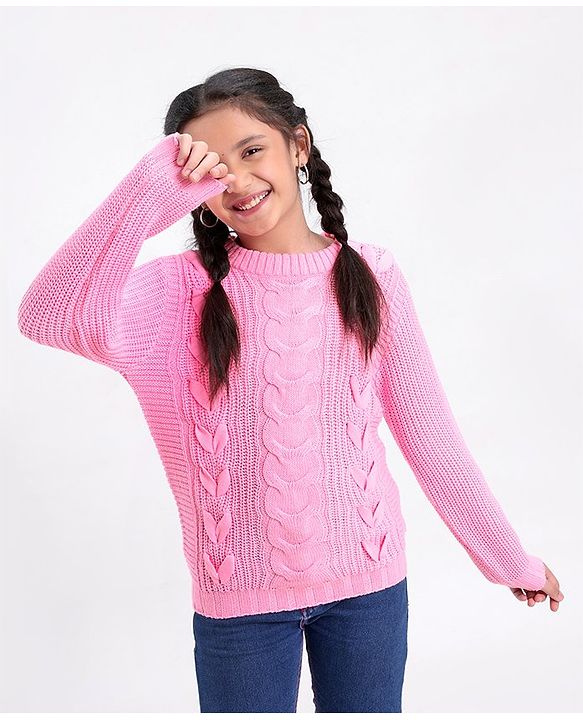 Pine Kids Full Sleeves Moderate Winter Sweater Cable Structure - Pink