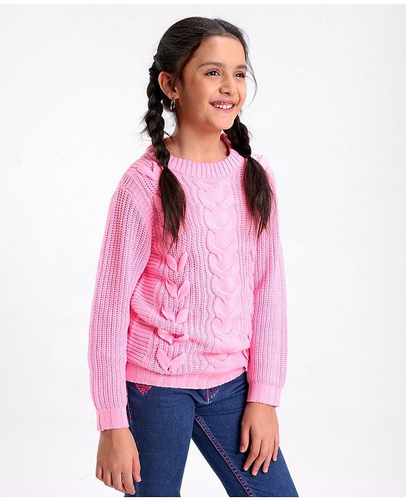 Pine Kids Full Sleeves Moderate Winter Sweater Cable Structure - Pink