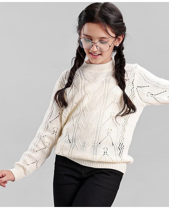 Pine Kids Full Sleeves Moderate Winter Sweater Pointle Structure - Off White