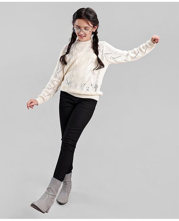 Pine Kids Full Sleeves Moderate Winter Sweater Pointle Structure - Off White