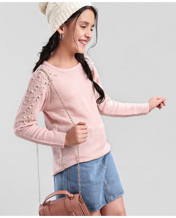 Pine Kids Full Sleeves Moderate Winter Sweater With Pearl Emblishment & Super Soft - Pink