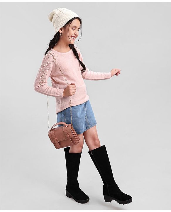 Pine Kids Full Sleeves Moderate Winter Sweater With Pearl Emblishment & Super Soft - Pink