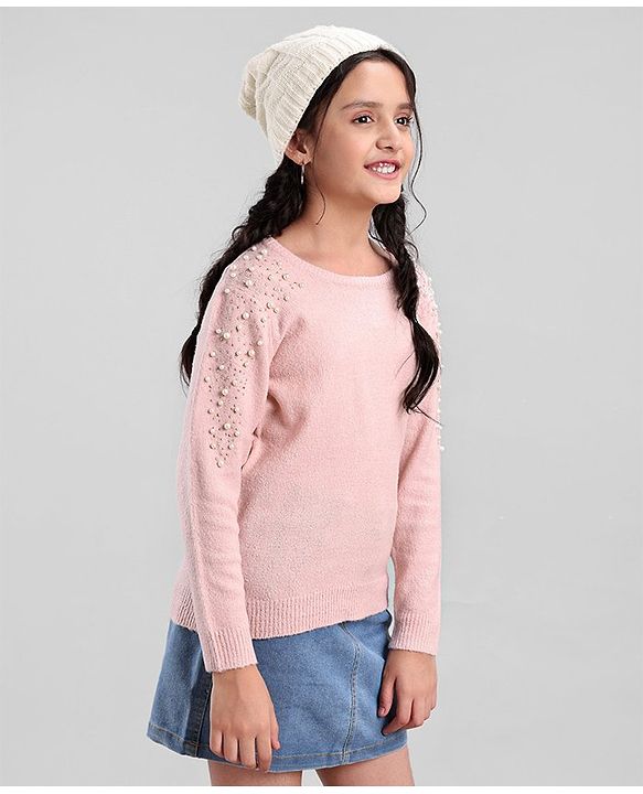 Pine Kids Full Sleeves Moderate Winter Sweater With Pearl Emblishment & Super Soft - Pink