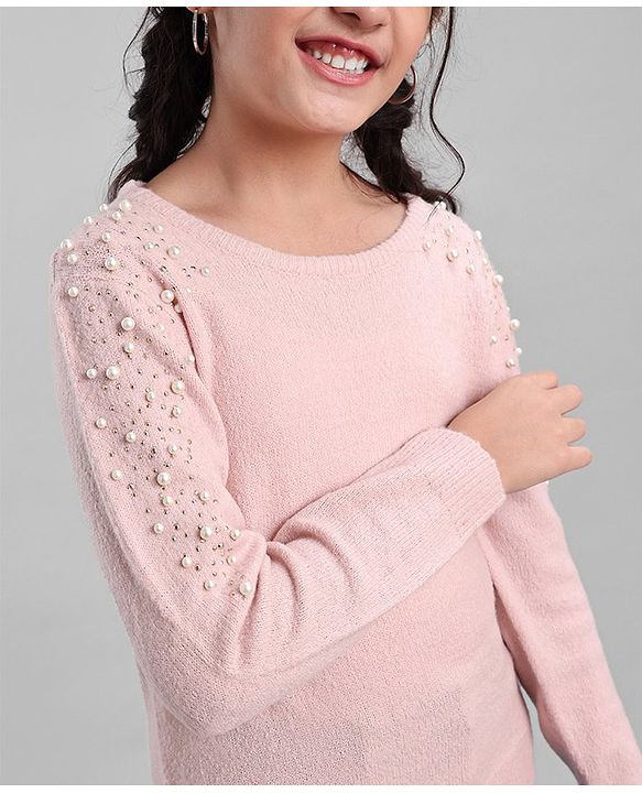 Pine Kids Full Sleeves Moderate Winter Sweater With Pearl Emblishment & Super Soft - Pink