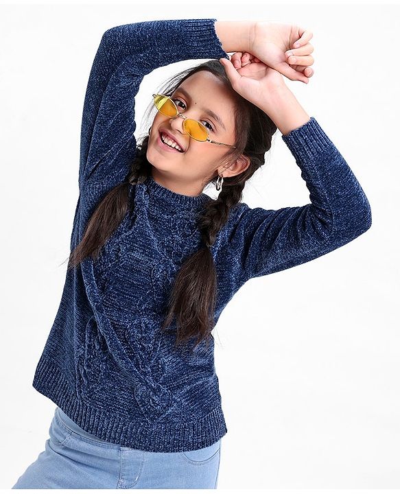 Pine Kids Full Sleeves Chenille Sweater for Moderate Winter - Navy